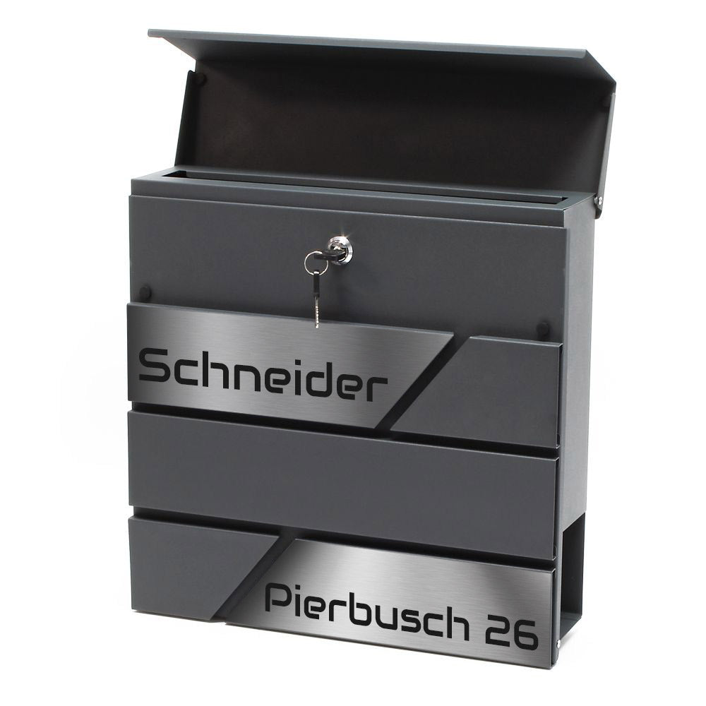 Moderner Briefkasten Oslo mit Zeitungsfach - Anthrazit pulverbeschichtet – durch aufgesetzte Edelstahlschilder individuell personalisierbar